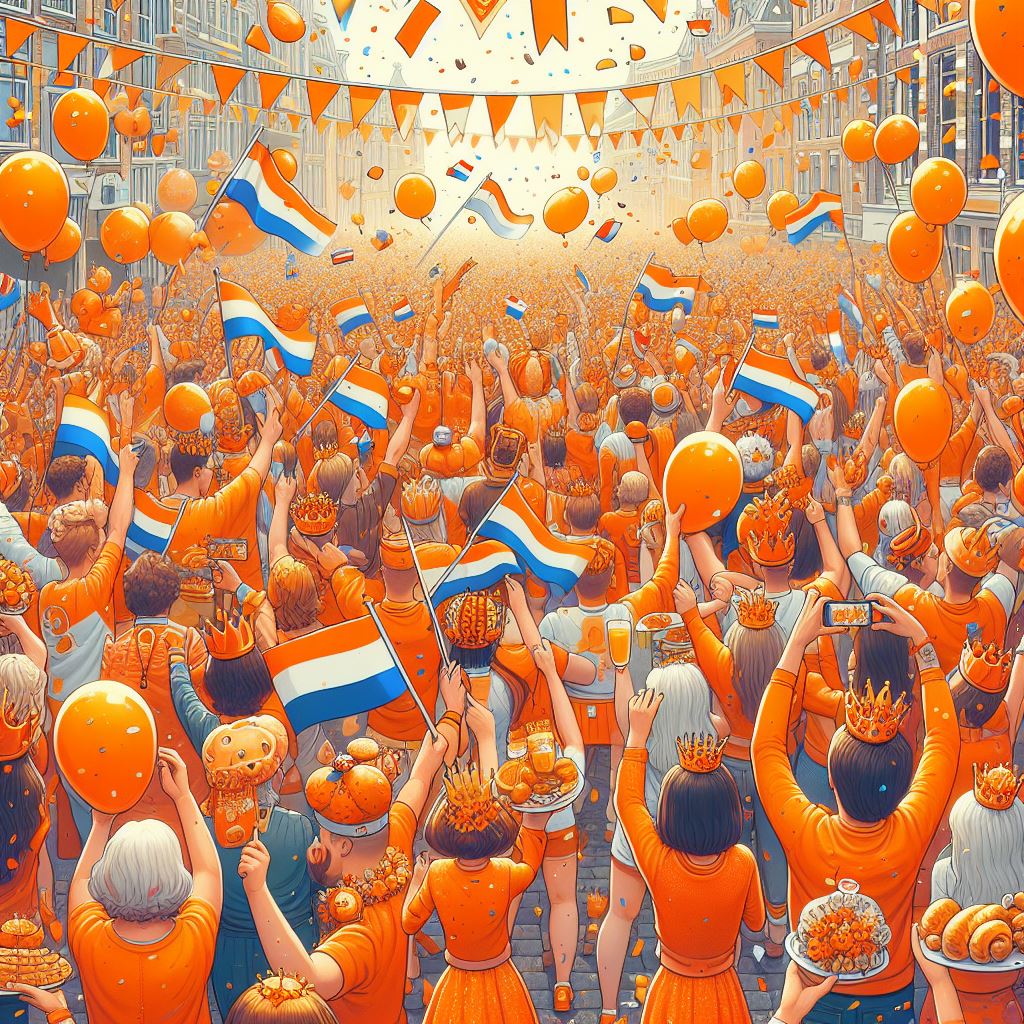 Kings day celebration Dutch flag Netherlands People in the streets in orange